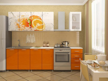 Кухонный гарнитур 1,6м Апельсин (Белый/Оранжевый металлик/Фотопечать апельсин) в Решётах - reshyoty.mebel54.com | фото